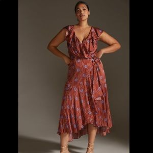 Anthropologie Ruffle-Sleeve Printed-Wrap Maxi Dress